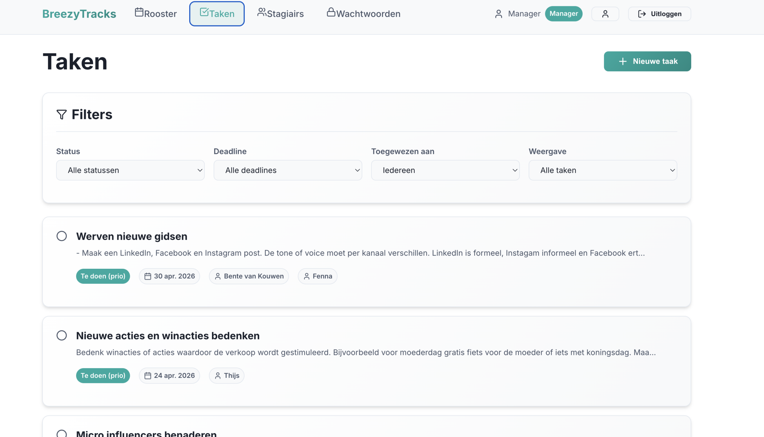 Dashboard van de AI planning tool voor BreezyTracks